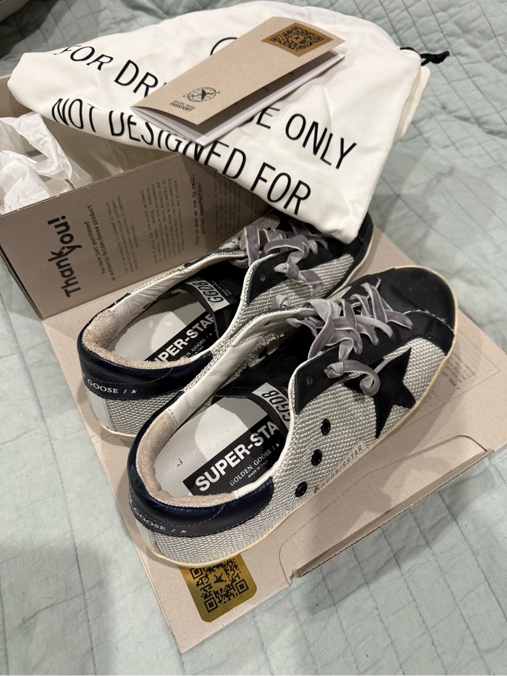 Golden Goose Super-Star Sneakers in White, Black & Navy Trim